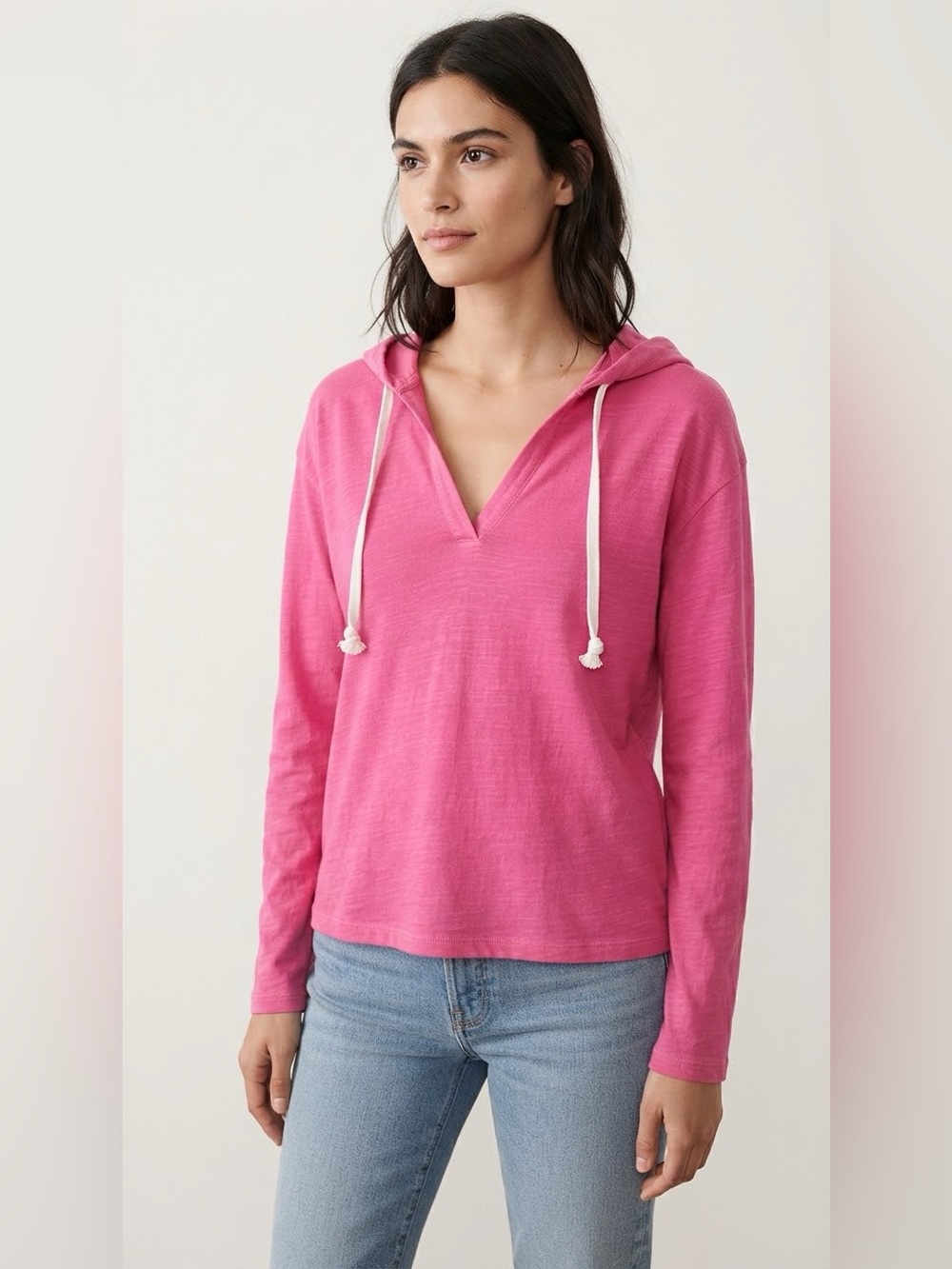 J.Crew Pink Slub Cotton V-Neck Hoodie Lightweight Pullover Sweatshirt M